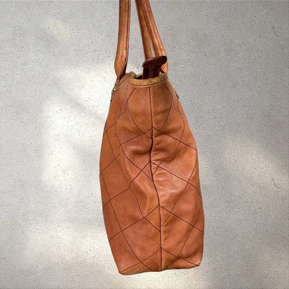 Tory Burch Jaden Quilted Leather‎ Tote Bag Purse Cognac Brown